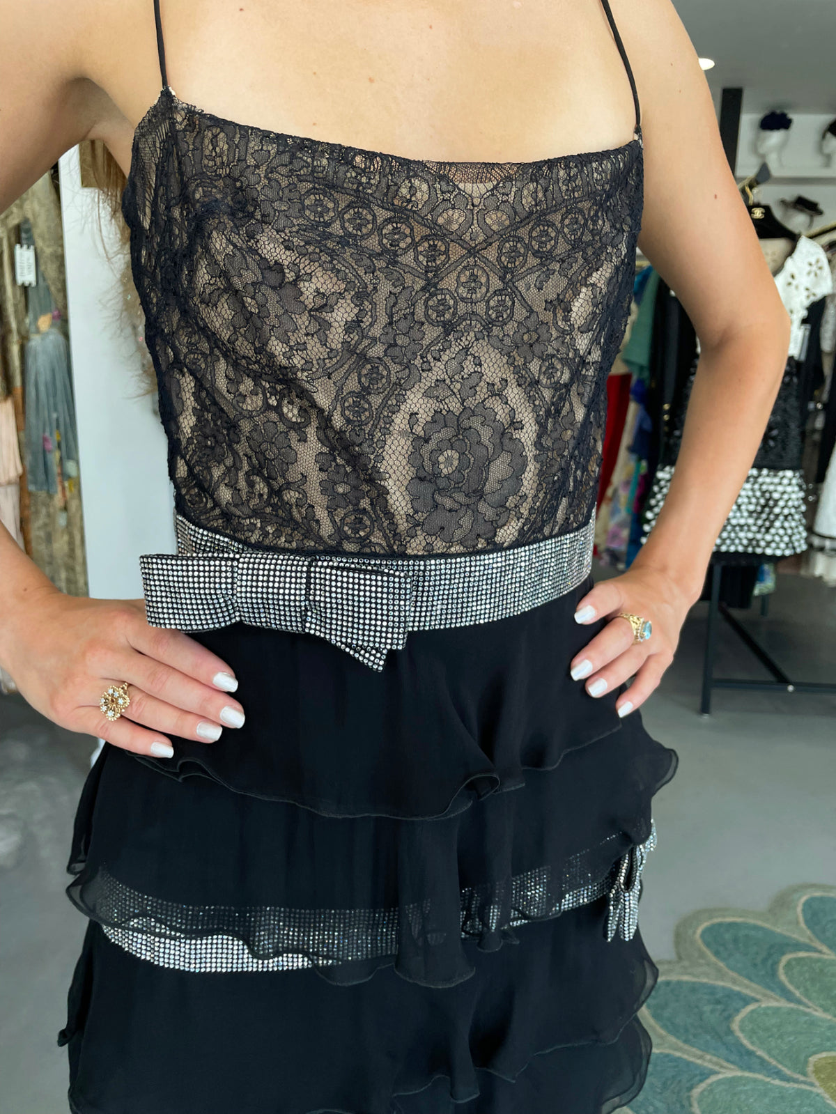 2007 Valentino Runway Black Sheer Silk &amp; Lace Illusion Crystal-Bows Tiered Gown