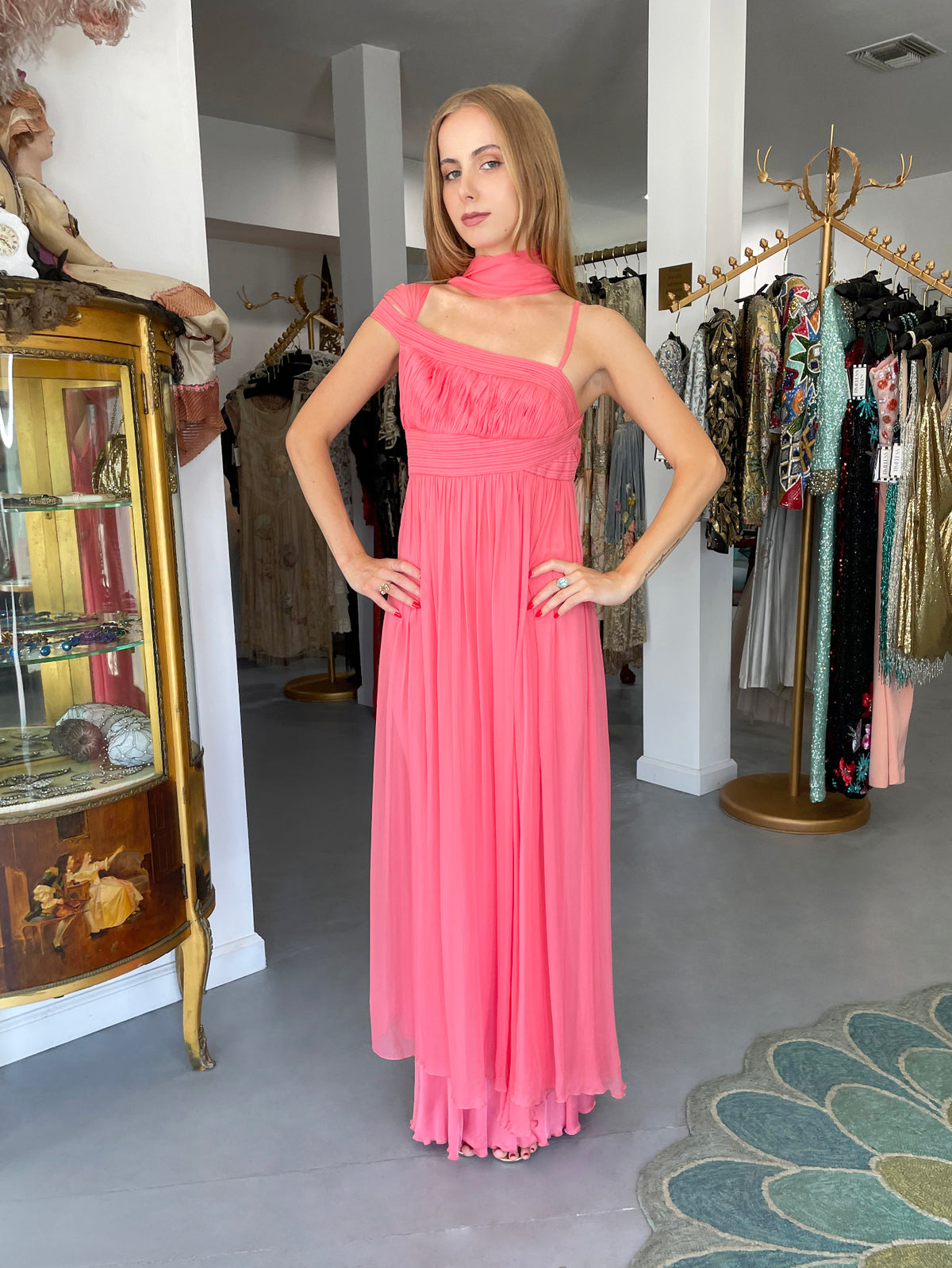 2008 Versace Runway Bubblegum Pink Pleated Silk Goddess Gown