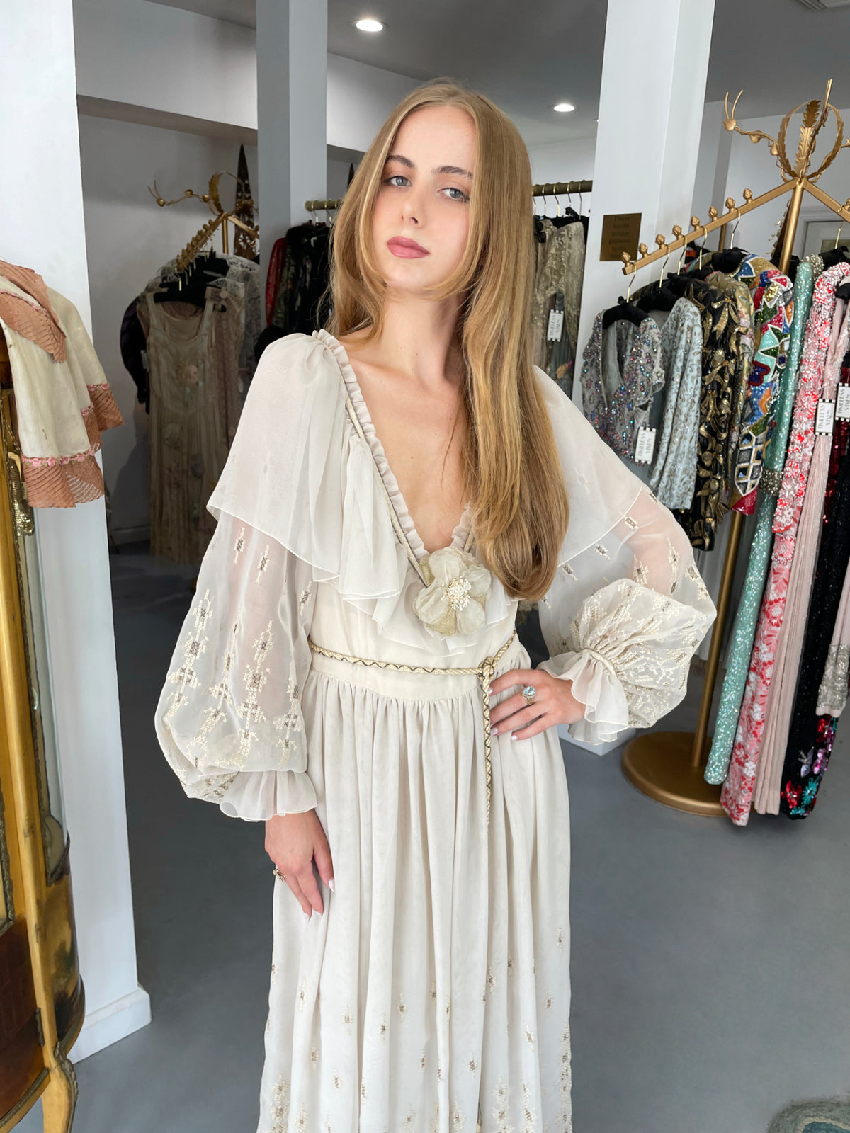 1971 Guy Laroche Haute Couture Embroidered Ivory Silk Billow Sleeve Plunge Gown