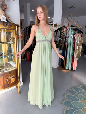 1965 Sarmi Couture Seafoam Green Jeweled Silk Chiffon Empire Plunge Grecian Gown