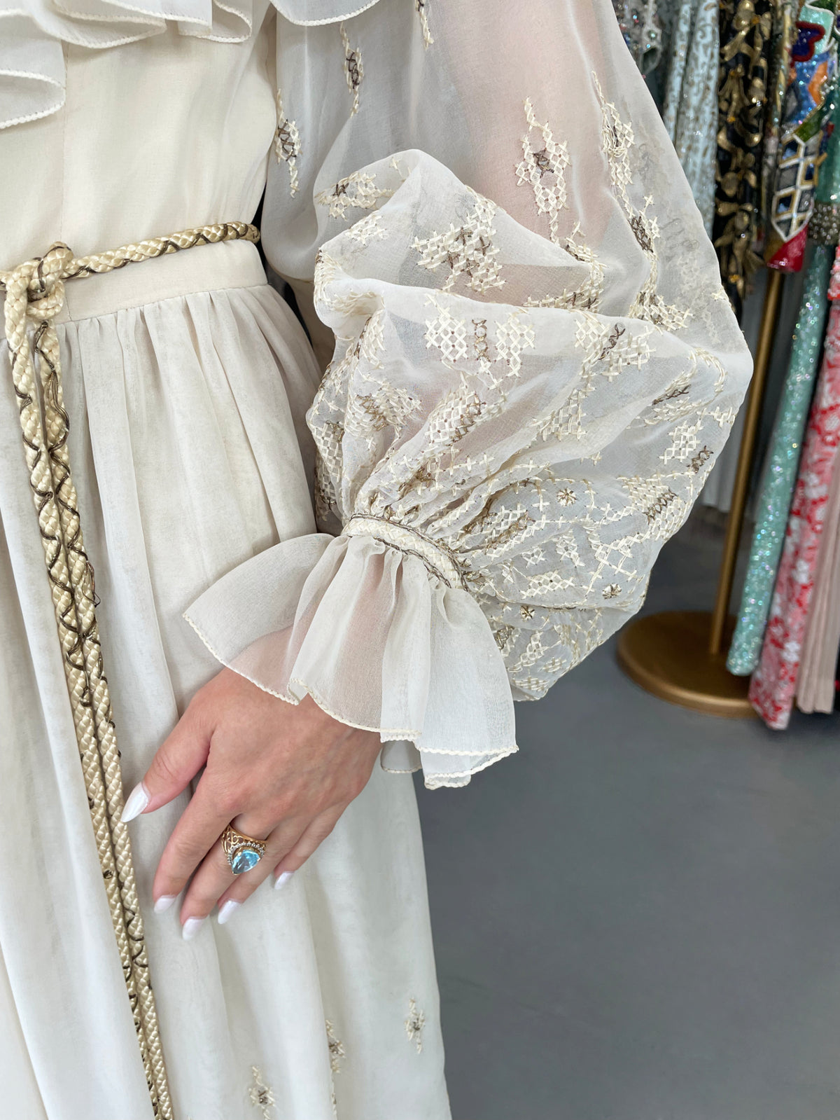 1971 Guy Laroche Haute Couture Embroidered Ivory Silk Billow Sleeve Plunge Gown