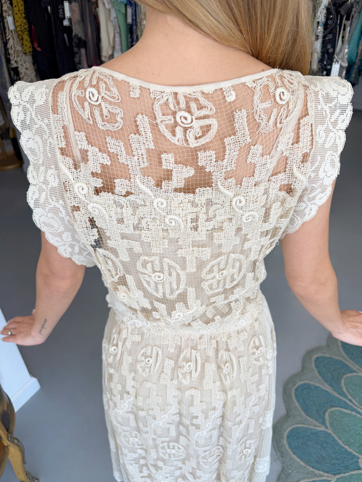 1920's French Cream Heavily Embroidered Deco Motif Filet Lace & Sheer Net Tea-Length Dress