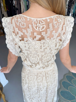 1920's French Cream Heavily Embroidered Deco Motif Filet Lace & Sheer Net Tea-Length Dress