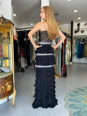 2007 Valentino Runway Black Sheer Silk & Lace Illusion Crystal-Bows Tiered Gown