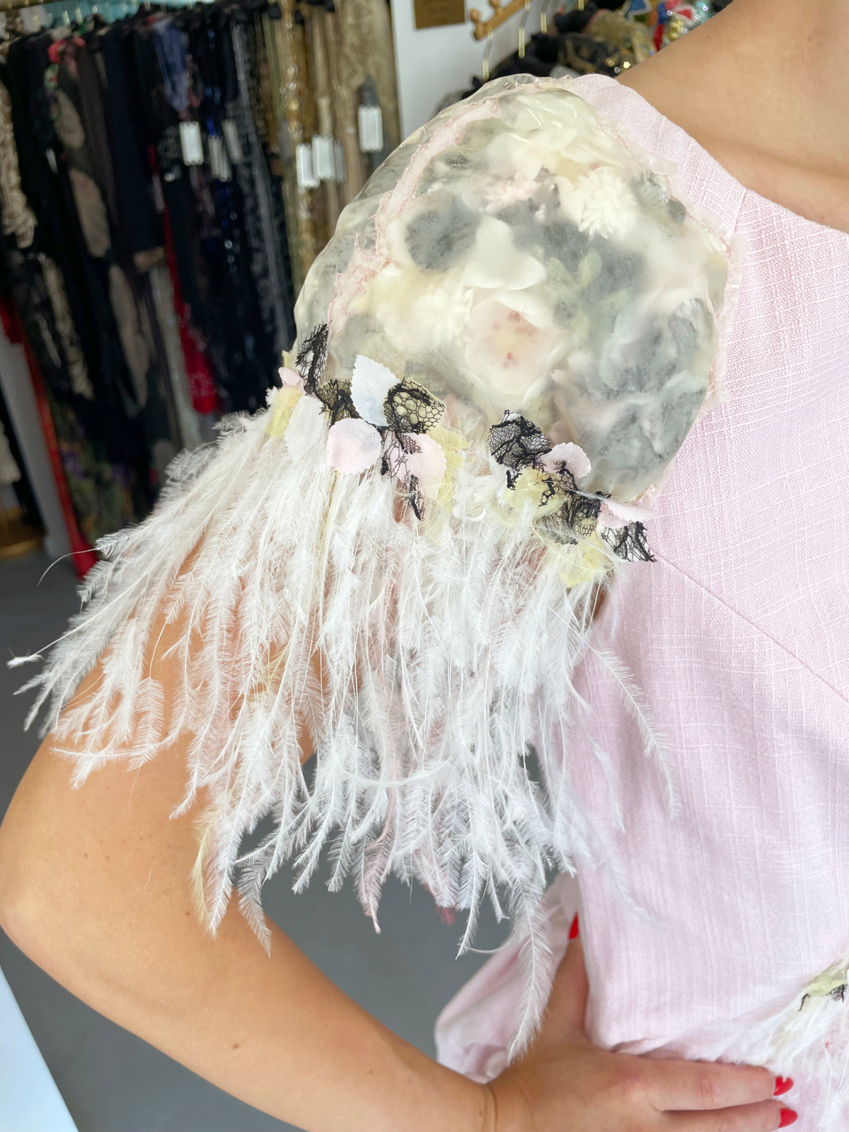 2013 Chanel by Karl Lagerfeld Runway Sample Pink Linen Floral Appliqué &amp; Feathers Dress