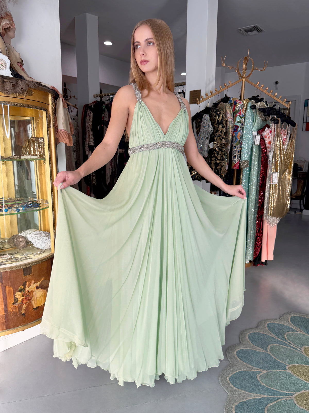 1965 Sarmi Couture Seafoam Green Jeweled Silk Chiffon Empire Plunge Grecian Gown