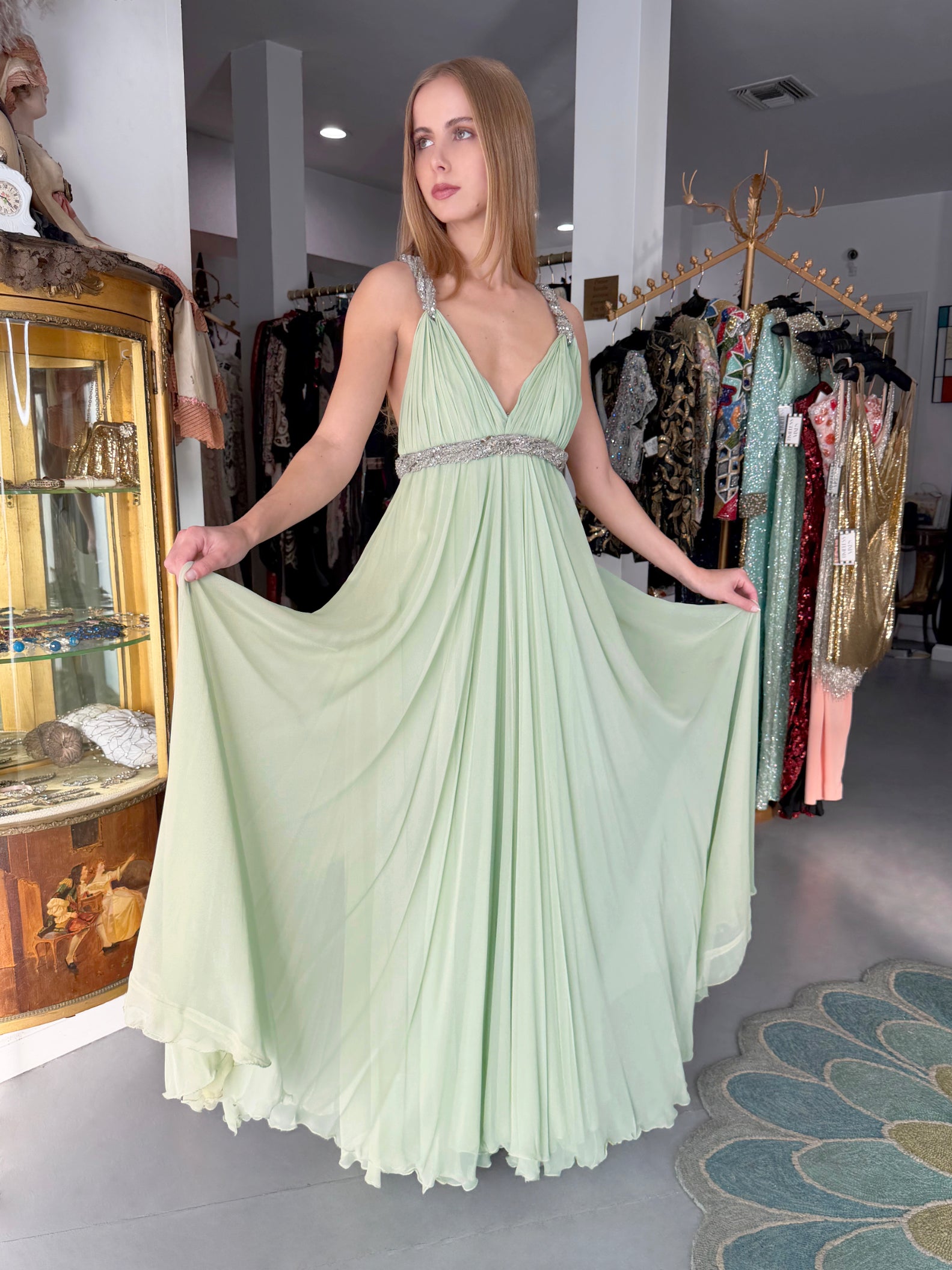 1965 Sarmi Couture Seafoam Green Jeweled Silk Chiffon Empire Plunge Grecian Gown