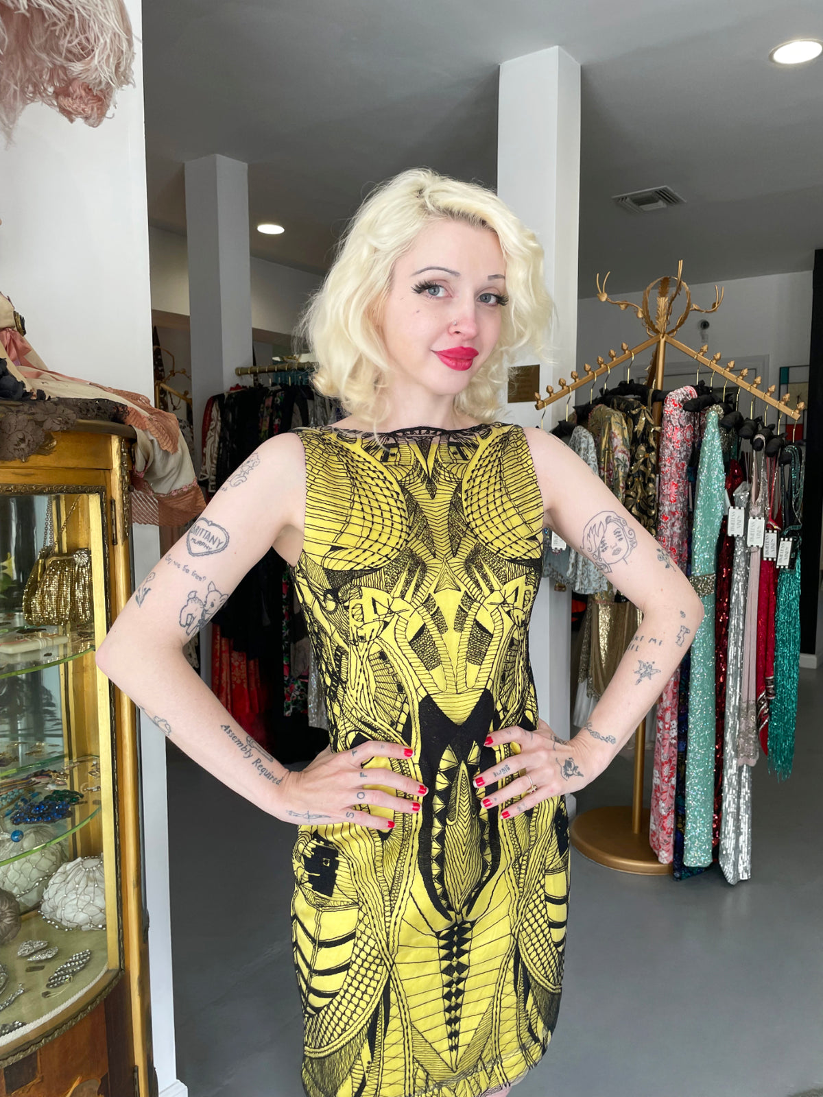 2010 Alexander McQueen Lifetime Insect Tattoo Embroidered Net-Lace Yellow Mini Dress