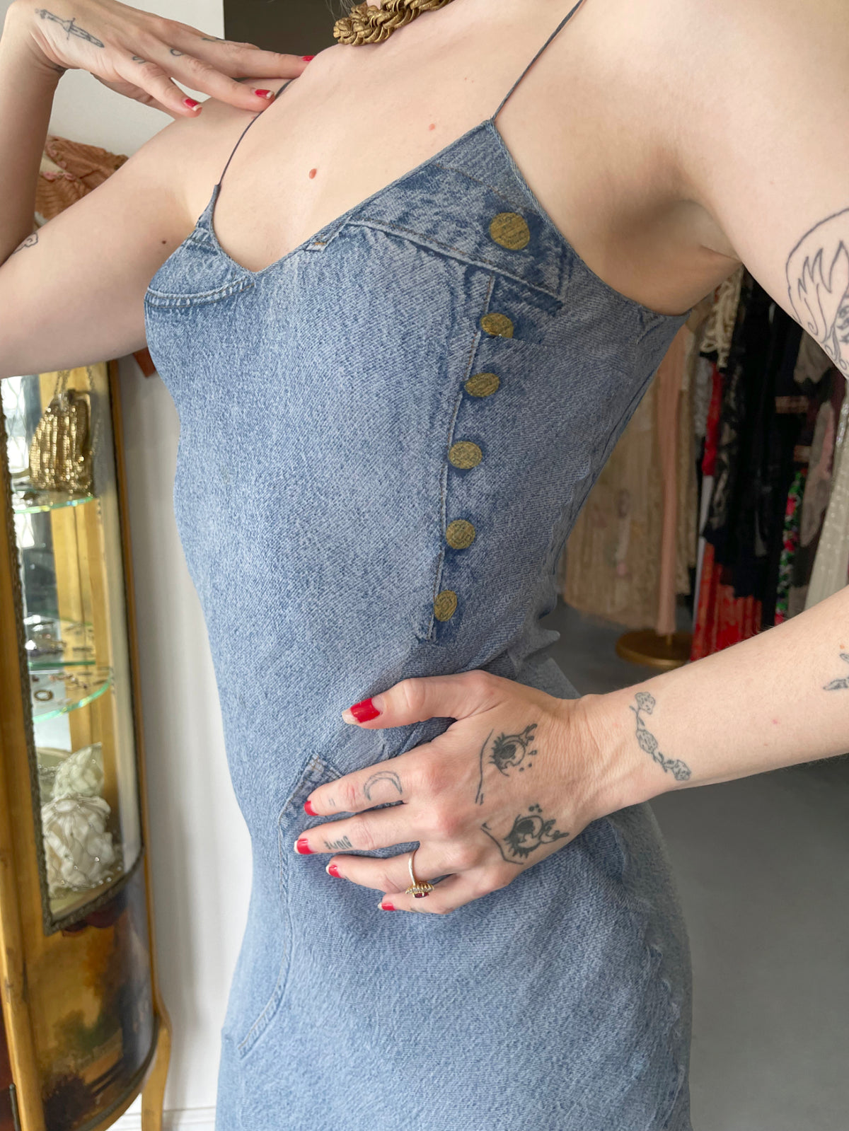 2000 Christian Dior by John Galliano Trompe L&#39;oeil Denim Print Silk Bias-Cut Dress