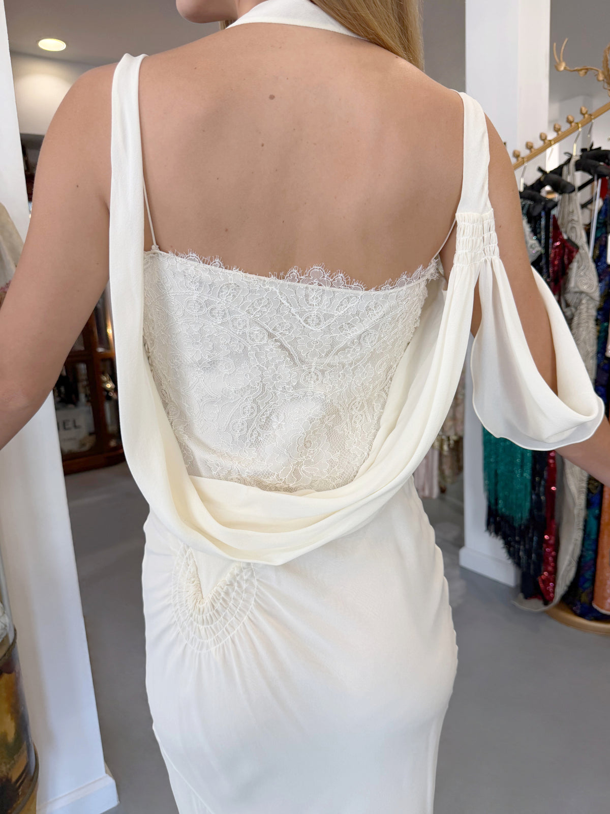 2005 John Galliano Ivory Sheer Silk Chiffon &amp; Chantilly Lace Draped Halter Bias-Cut Gown