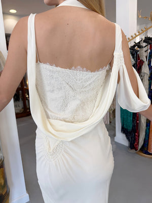 2005 John Galliano Ivory Sheer Silk Chiffon & Chantilly Lace Draped Halter Bias-Cut Gown