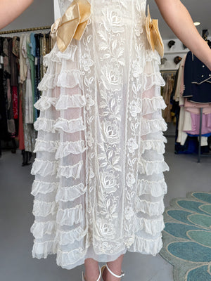 1920's Sheer Ivory Embroidered Floral Motif Net-Tulle Tiered Ruffle 'Robe de Style' Dress