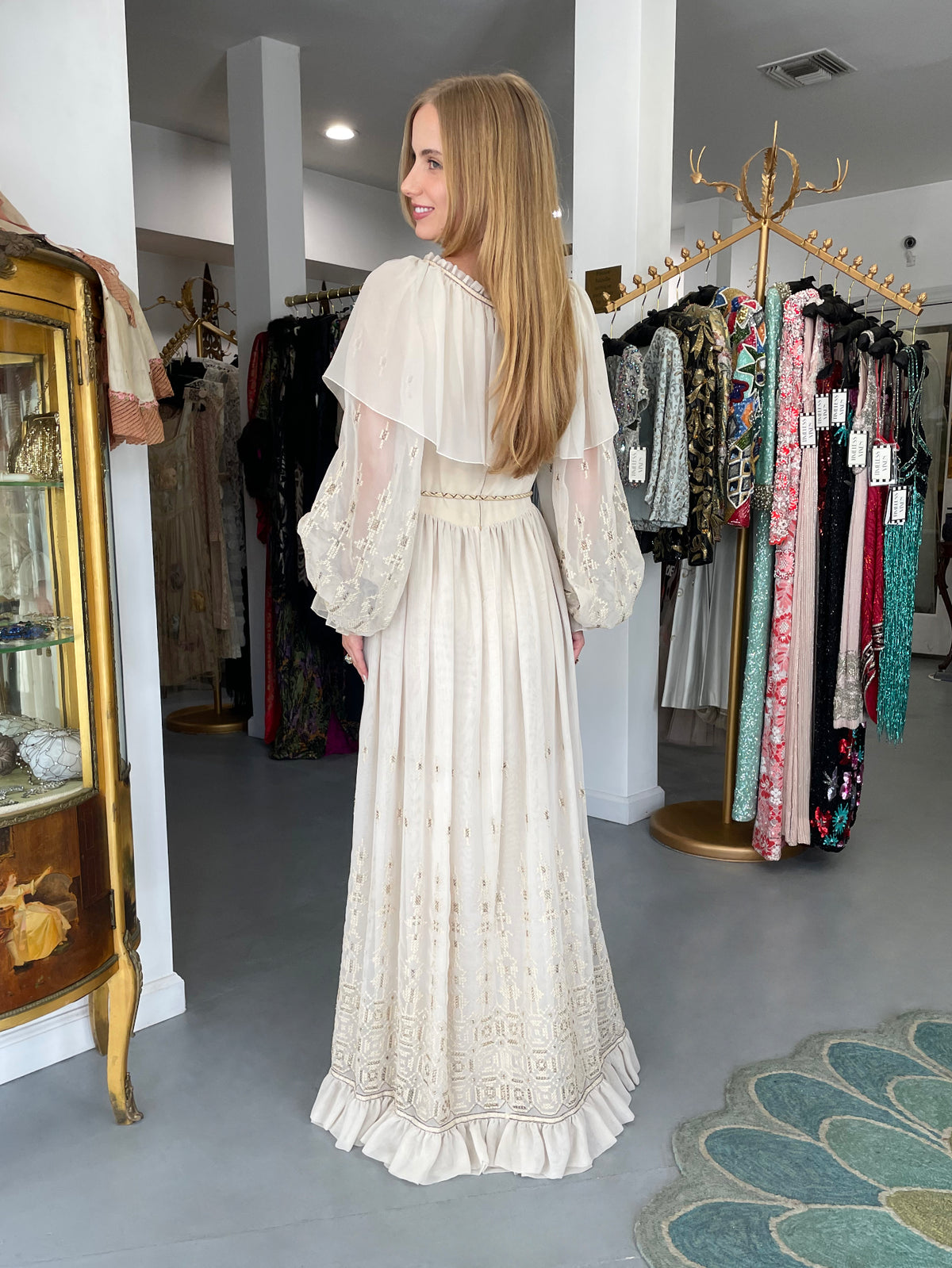 1971 Guy Laroche Haute Couture Embroidered Ivory Silk Billow Sleeve Plunge Gown