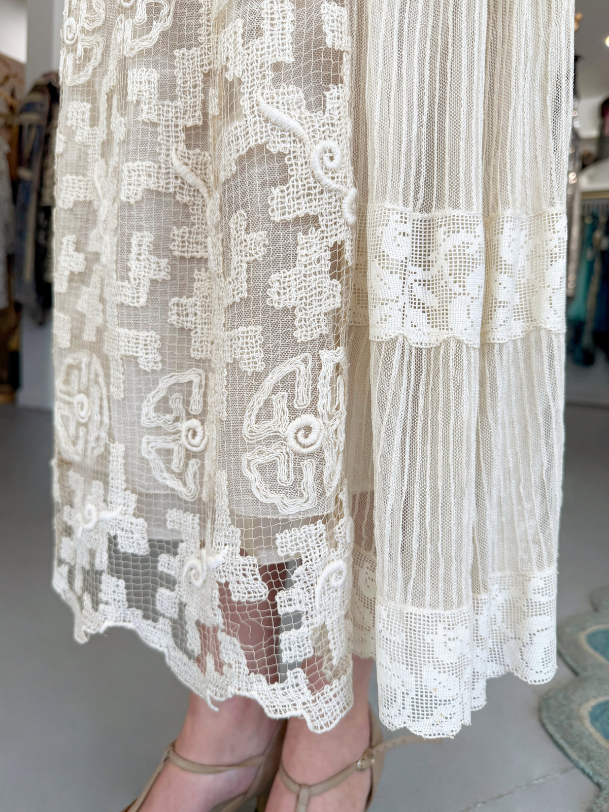 1920's French Cream Heavily Embroidered Deco Motif Filet Lace & Sheer Net Tea-Length Dress
