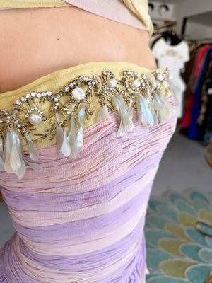 1950 Carven Haute Couture for Cécile Aubry Lilac Yellow Ombré Silk Corset Strapless Hooded Gown