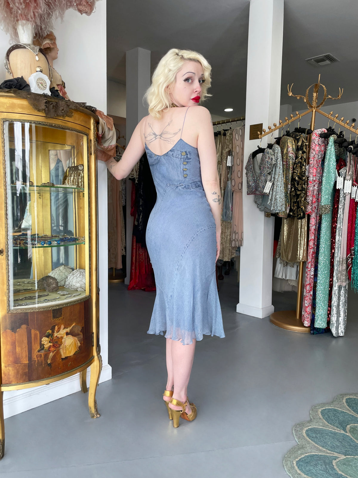 2000 Christian Dior by John Galliano Trompe L&#39;oeil Denim Print Silk Bias-Cut Dress