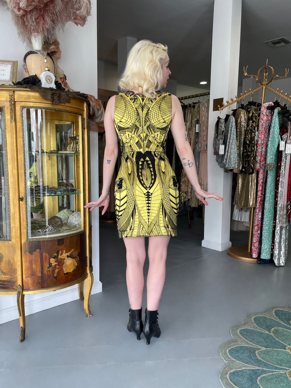 2010 Alexander McQueen Lifetime Insect Tattoo Embroidered Net-Lace Yellow Mini Dress
