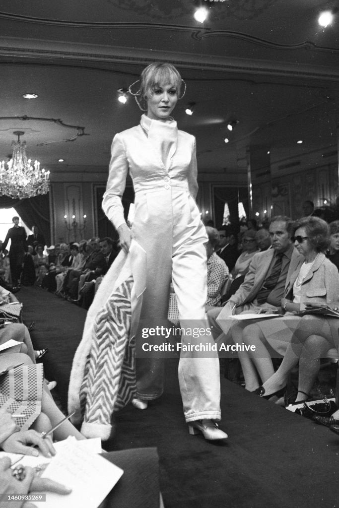 1968 Galanos Couture Ivory Silk Satin Low-Plunge Long Sleeve Jumpsuit