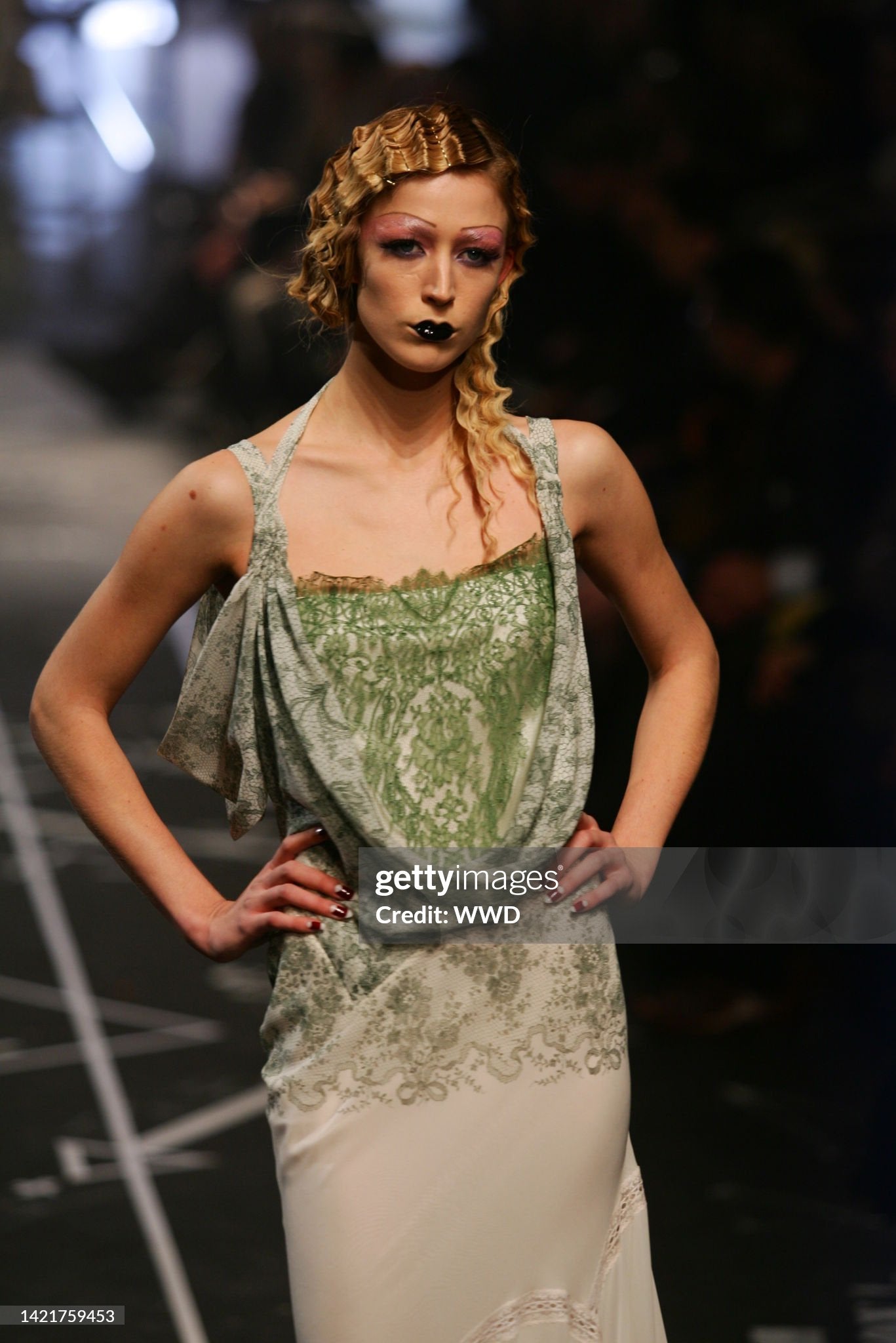 2005 John Galliano Ivory Sheer Silk Chiffon & Chantilly Lace Draped Halter Bias-Cut Gown