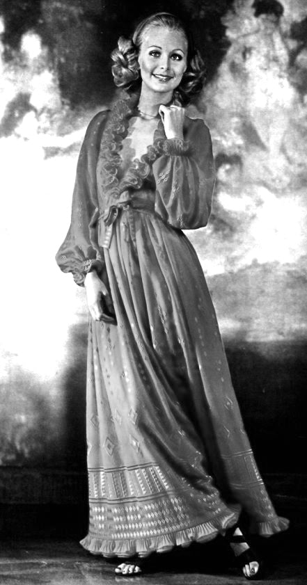 1971 Guy Laroche Haute Couture Embroidered Ivory Silk Billow Sleeve Plunge Gown