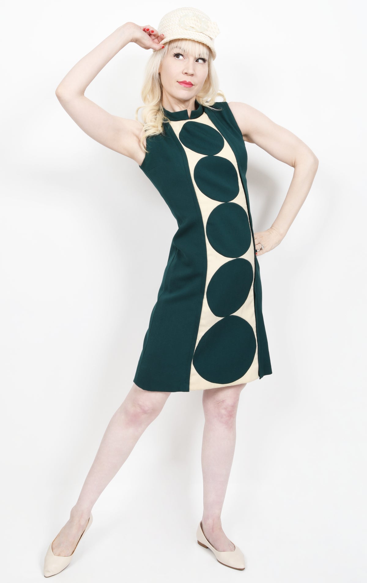 1966 Jacques Esterel Haute Couture Documented Teal Green Op-Art Mod Dress