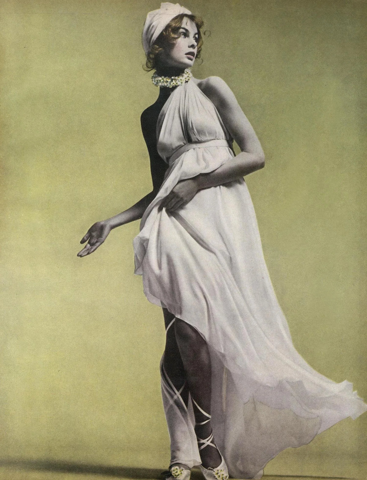 1965 Sarmi Couture Seafoam Green Jeweled Silk Chiffon Empire Plunge Grecian Gown