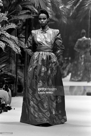 Givenchy F/W 1985 Haute Couture Metallic Appliquéd Satin Sash-Waist Gown