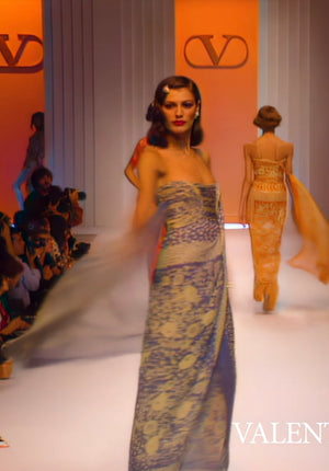 1995 Valentino Runway Periwinkle & Yellow Floral Print Silk Ruched Strapless Draped Gown