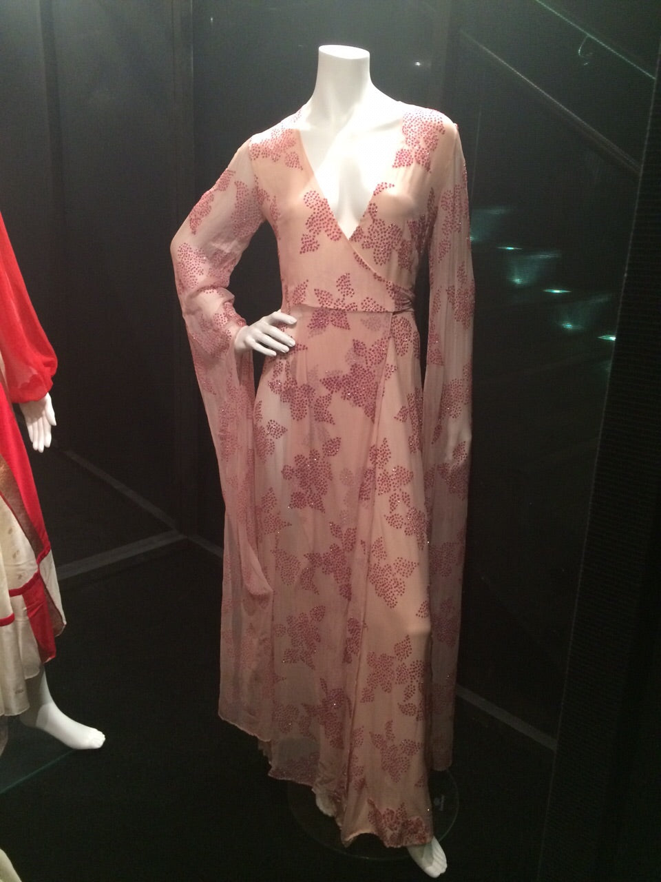 1974 Thea Porter Couture Sparkling Pink Glitter Silk Angel Sleeve Wrap Gown