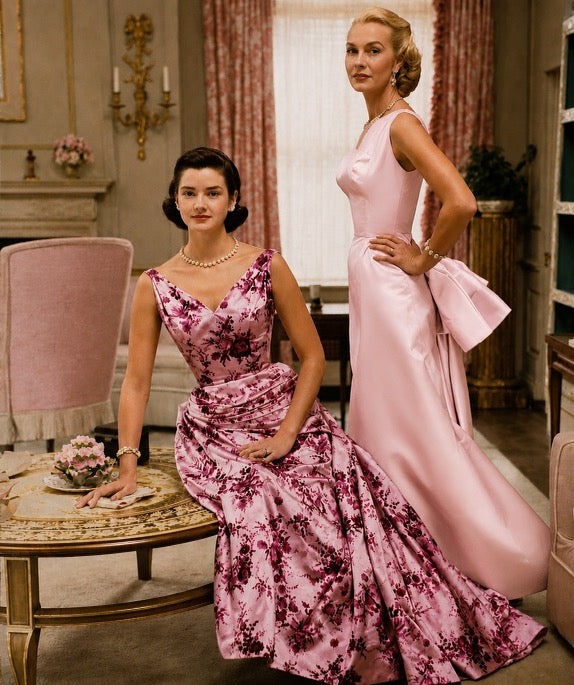 1955 Samuel Winston Vogue Documented Pink Floral Silk Satin Sculptural Trained Gown