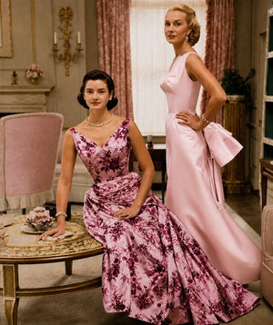 1955 Samuel Winston Vogue Documented Pink Floral Silk Satin Sculptural Trained Gown