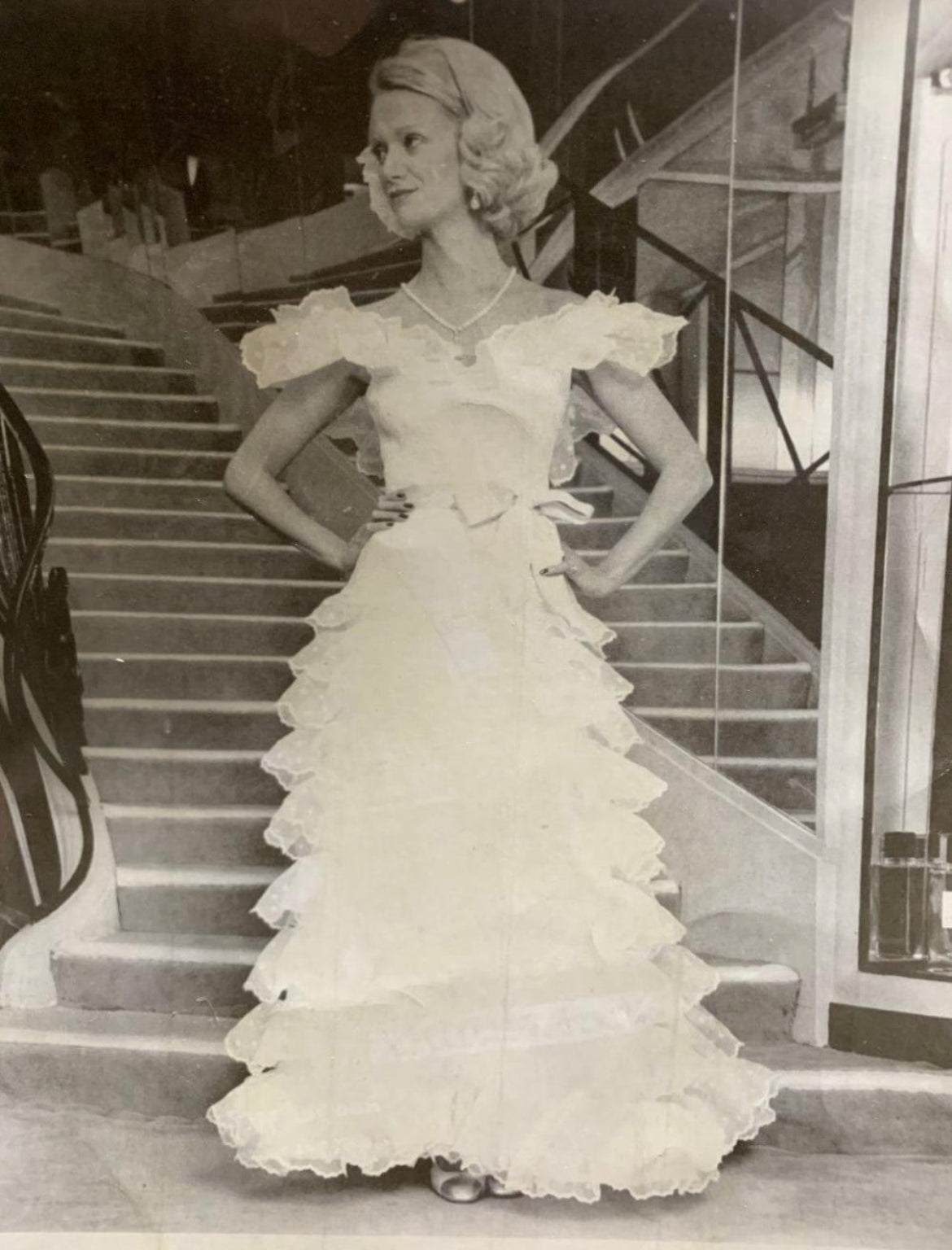 Vintage 1975 Chanel Haute Couture White Eyelet Organza Off-Shoulder Tiered Ruffle Gown - Timeless Vixen Vintage 1975 Chanel Haute Couture White Eyelet Organza Off-Shoulder Tiered Ruffle Gown - Timeless Vixen