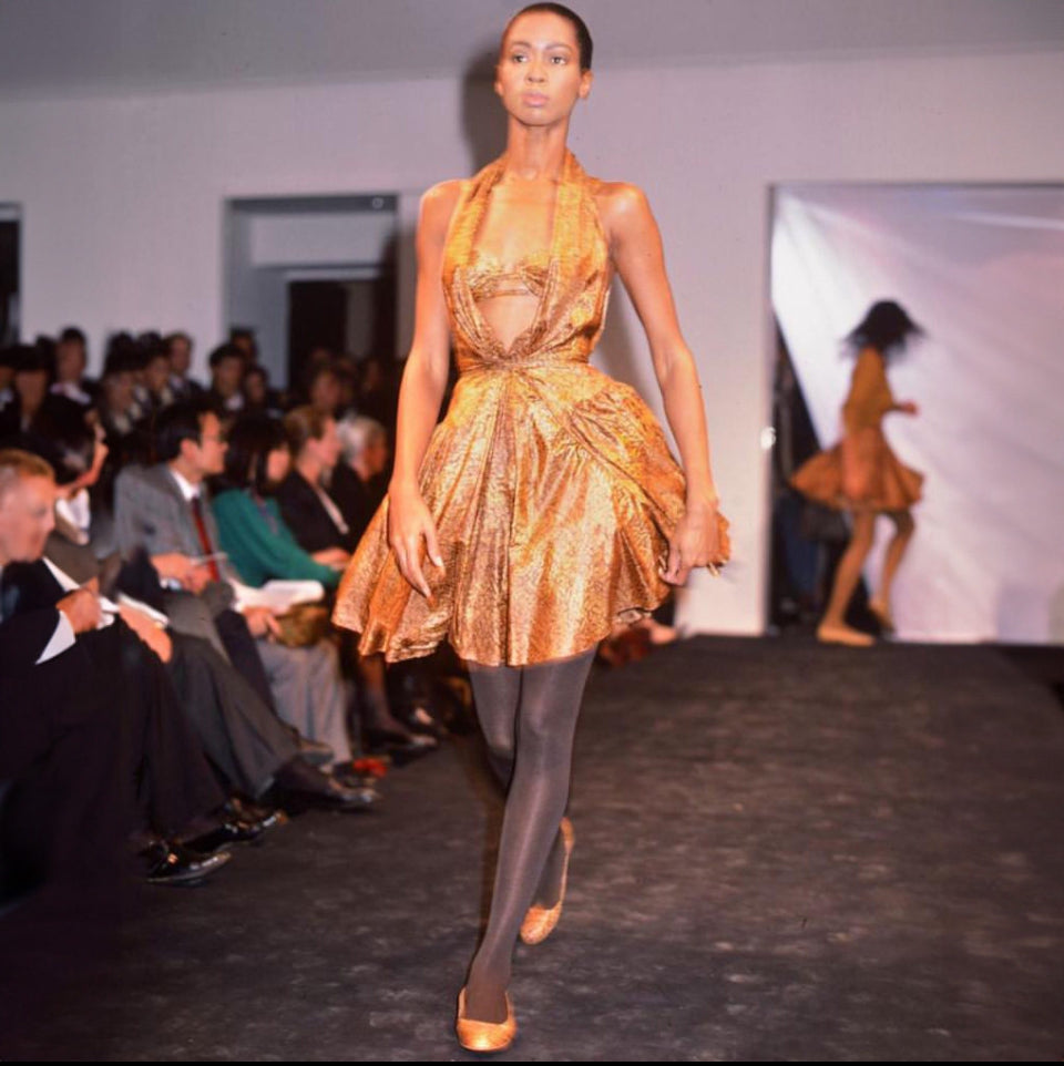 1987 Azzedine Alaia Documented Golden Print Silk Backless Halter Dress - Timeless Vixen 1987 Azzedine Alaia Documented Golden Print Silk Backless Halter Dress - Timeless Vixen