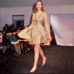 1987 Azzedine Alaia Documented Golden Print Silk Backless Halter Dress