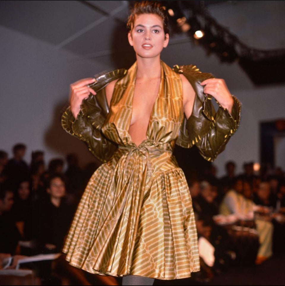 1987 Azzedine Alaia Documented Golden Print Silk Backless Halter Dress - Timeless Vixen 1987 Azzedine Alaia Documented Golden Print Silk Backless Halter Dress - Timeless Vixen