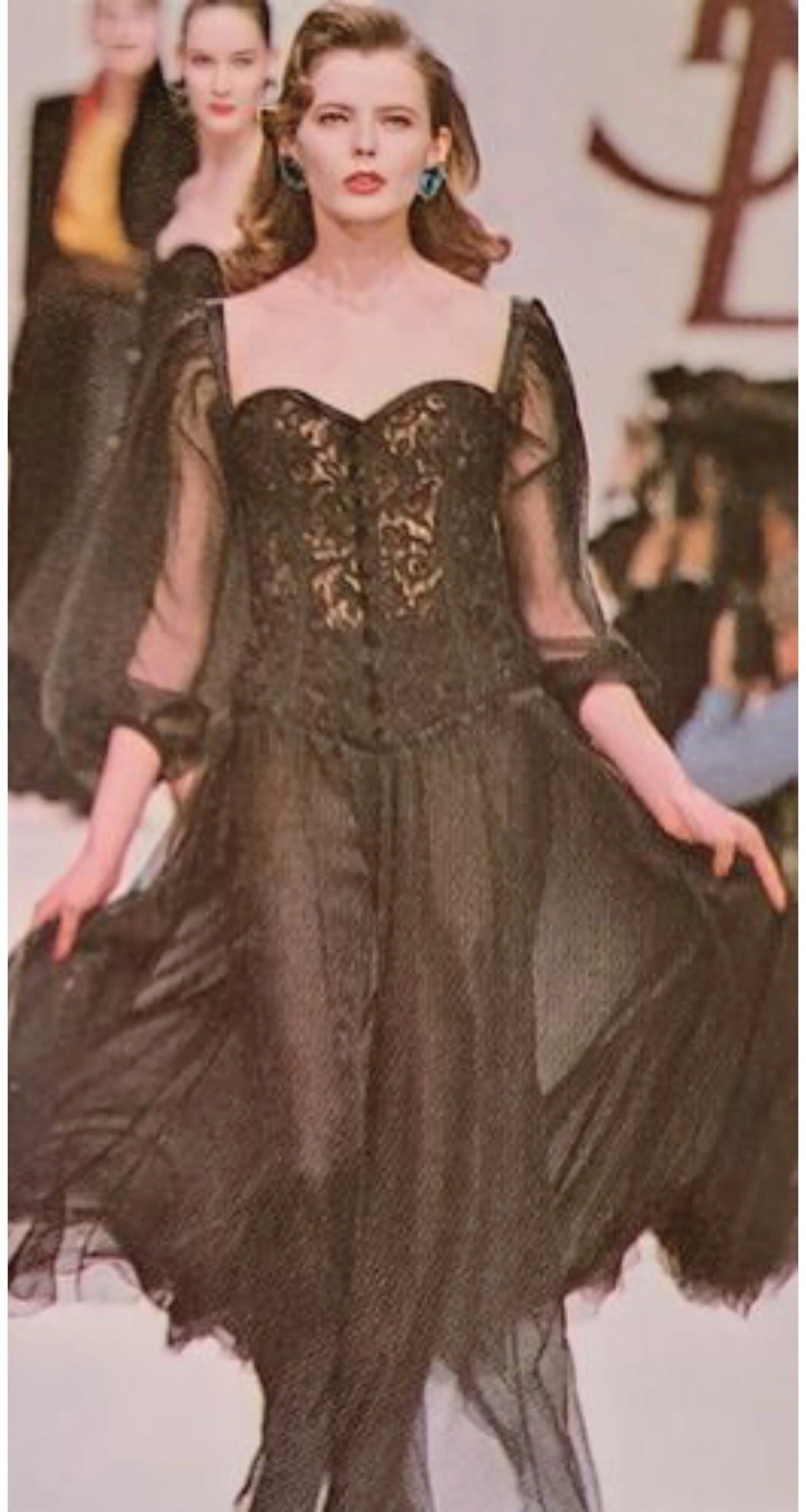 1988 Yves Saint Laurent Documented Black Sheer Silk & Boned Lace Bustier Dress