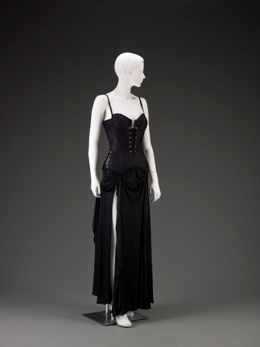 1995 Gianni Versace Couture Black Corset High-Slit Important Campaign Gown