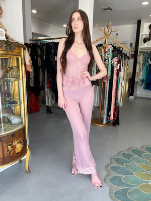 1999 Christian Dior by John Galliano Lilac Sheer Silk & Lace 'Lingerie' Camisole Pants Set