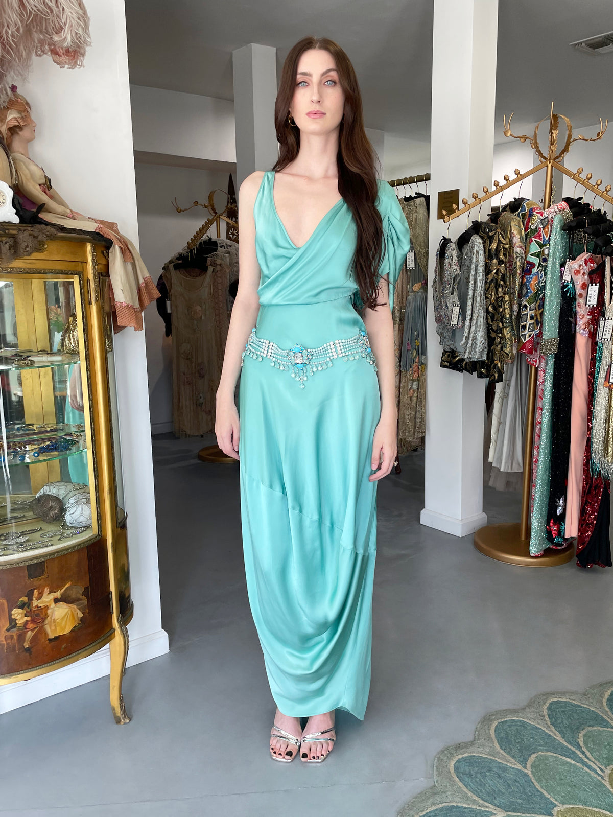 2011 John Galliano Sculpted Tiffany-Blue Silk Asymmetric Draped Goddess Gown
