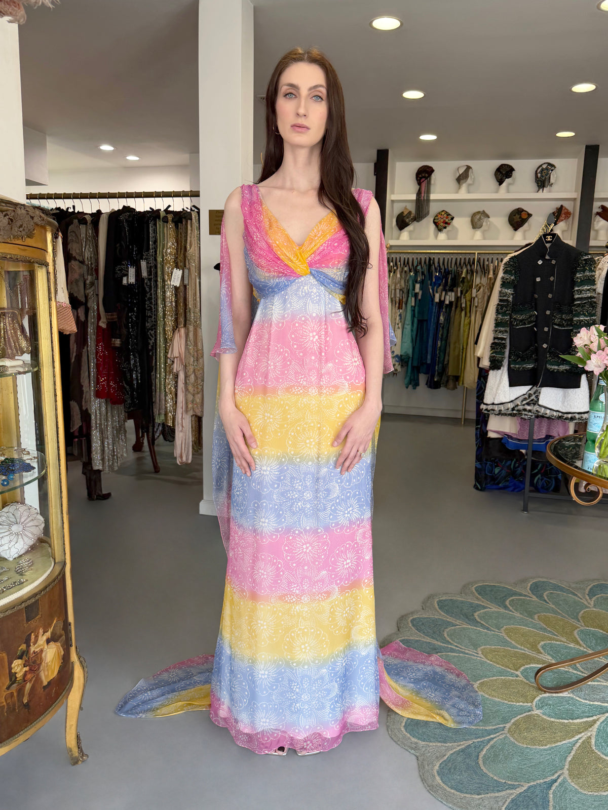 2008 Christian Dior by John Galliano Resort Collection Colorful Silk Draped Cape Goddess Gown