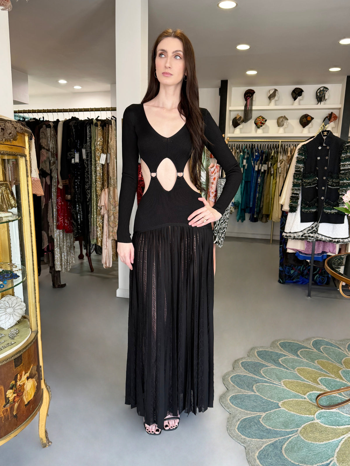 2018 Roberto Cavalli Runway Black Stretch Knit Long Sleeve Cut-Out High Slit Maxi Dress