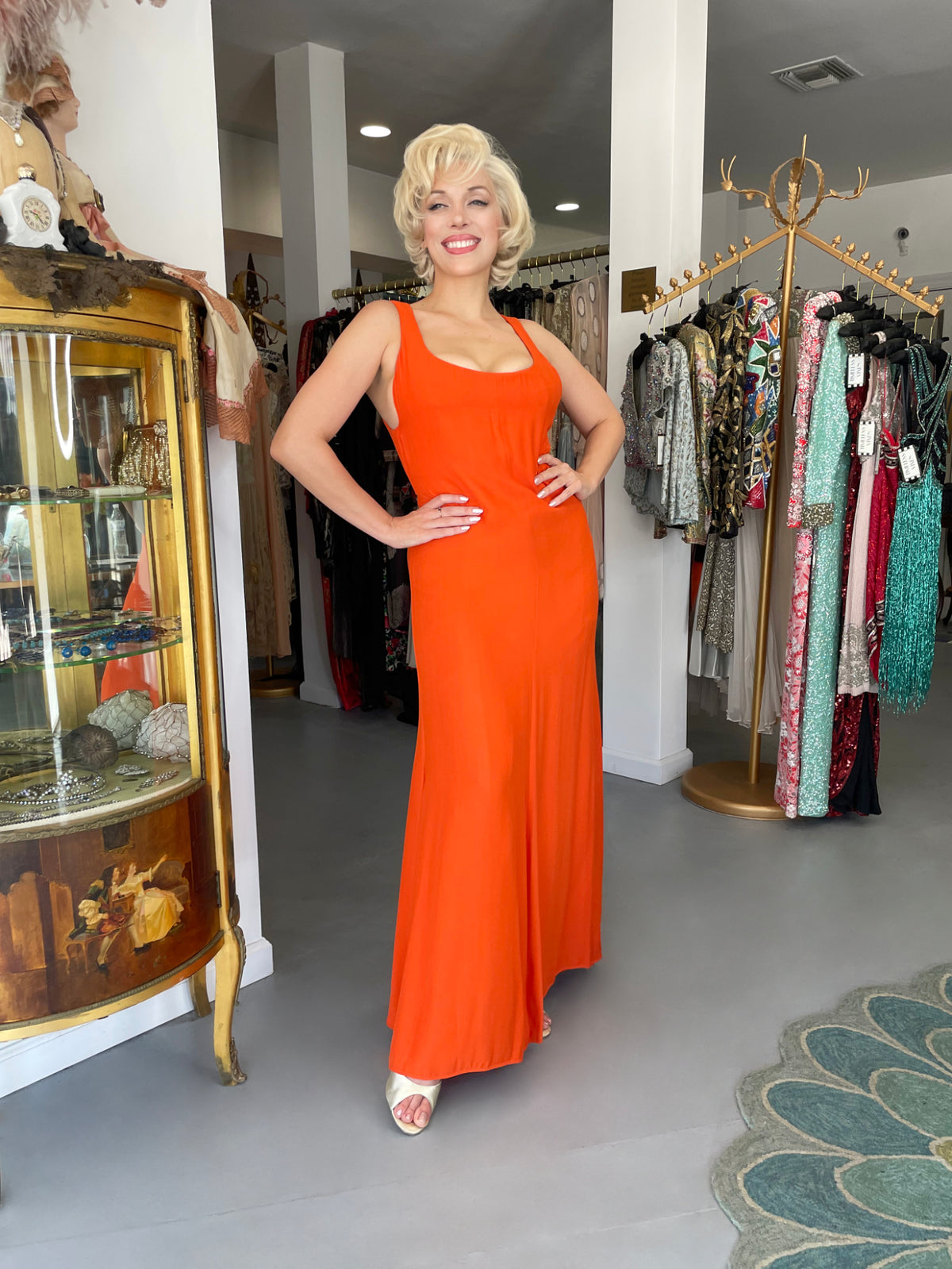 1996 Gianni Versace Couture Documented Runway Orange Silk Bustier Maxi Dress