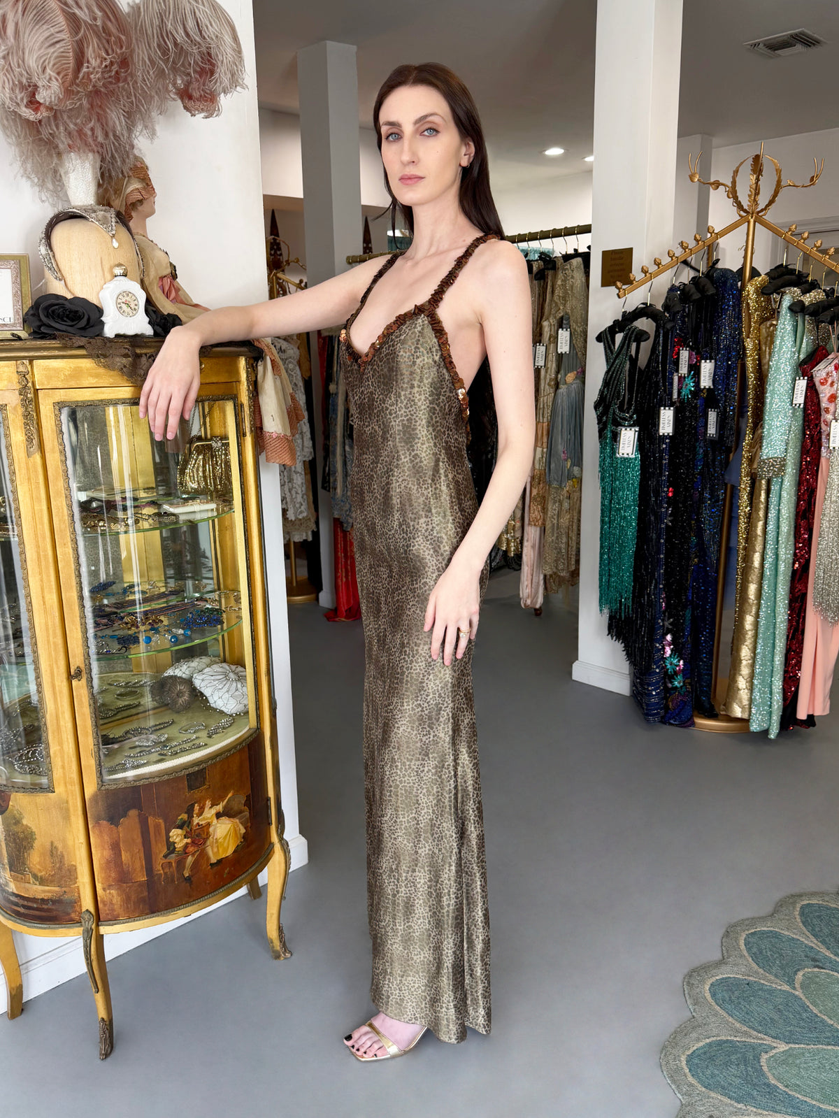 1998 Valentino Runway Semi-Sheer Leopard Print Shimmer Silk Beaded Slip Gown