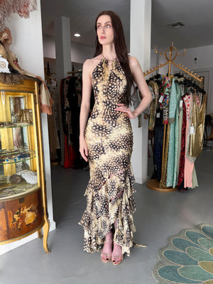 2004 Roberto Cavalli Feather Print Silk Halter Cut-Out Tiered Ruffle Bias-Cut Gown