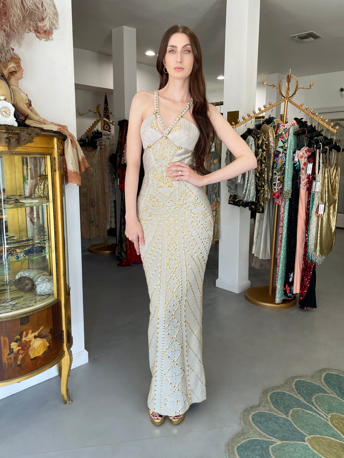 2012 Versace Runway Gold Studded Pale Dove Gray Silk Jersey Hourglass Gown