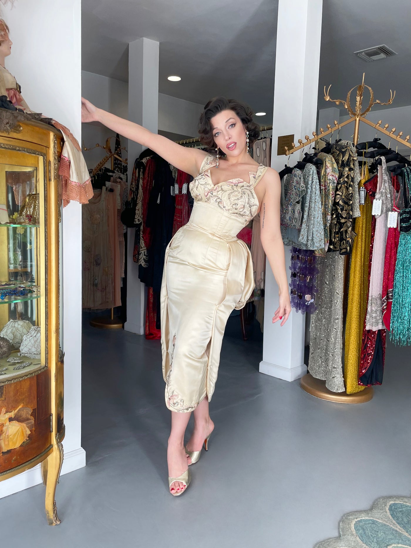 1950's Candlelight Satin Beaded Appliqué Skirted Hourglass Custom Couture Dress