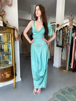 2011 John Galliano Sculpted Tiffany-Blue Silk Asymmetric Draped Goddess Gown