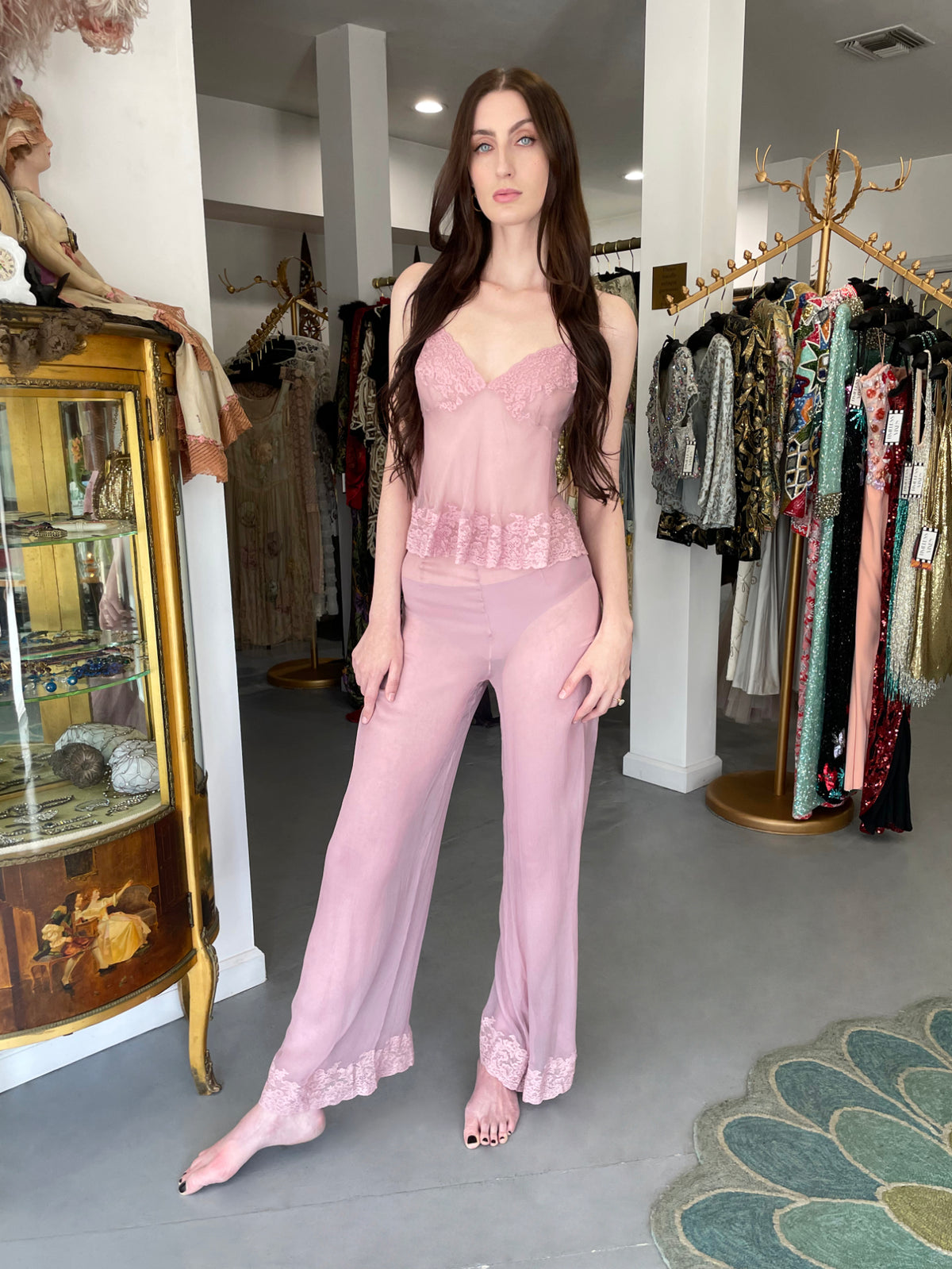 1999 Christian Dior by John Galliano Lilac Sheer Silk &amp; Lace &#39;Lingerie&#39; Camisole Pants Set