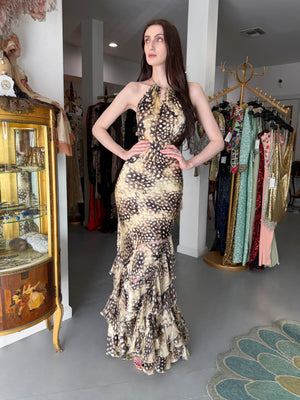 2004 Roberto Cavalli Feather Print Silk Halter Cut-Out Tiered Ruffle Bias-Cut Gown