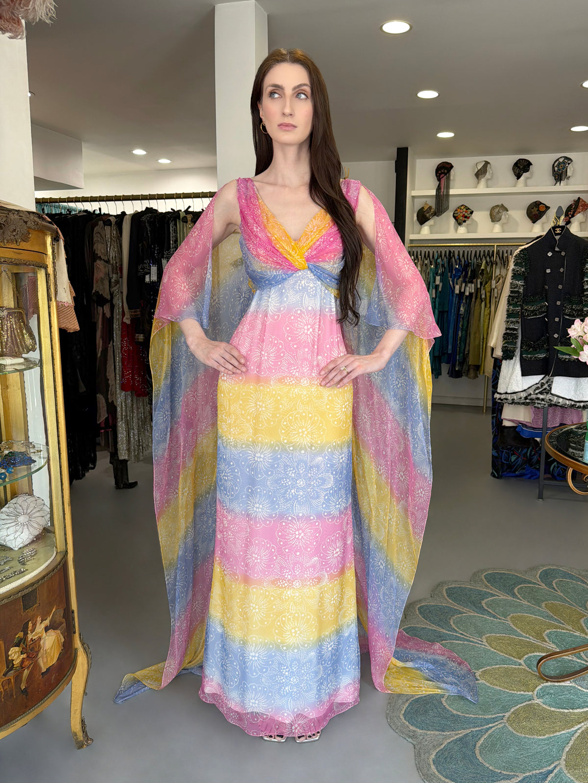 2008 Christian Dior by John Galliano Resort Collection Colorful Silk Draped Cape Goddess Gown